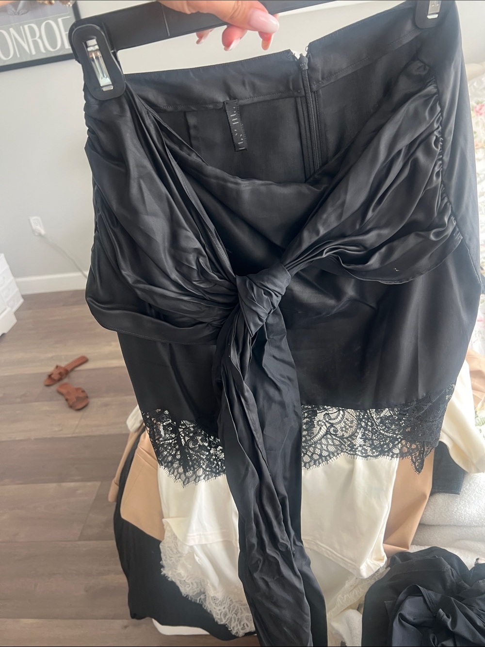 Black Satin Tie-Front Top with Lace Trim